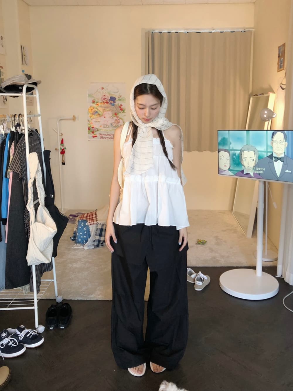 있음 밖으로 한국 스타일 보 주님 컬렉션 섹션 치마 스타일 레이어링 허리밴드 핀치 Pleat 루즈핏 캐주얼 바지 여성 상세 이미지 36