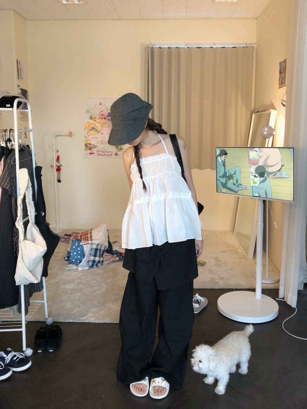 있음 밖으로 한국 스타일 보 주님 컬렉션 섹션 치마 스타일 레이어링 허리밴드 핀치 Pleat 루즈핏 캐주얼 바지 여성 상세 이미지 43