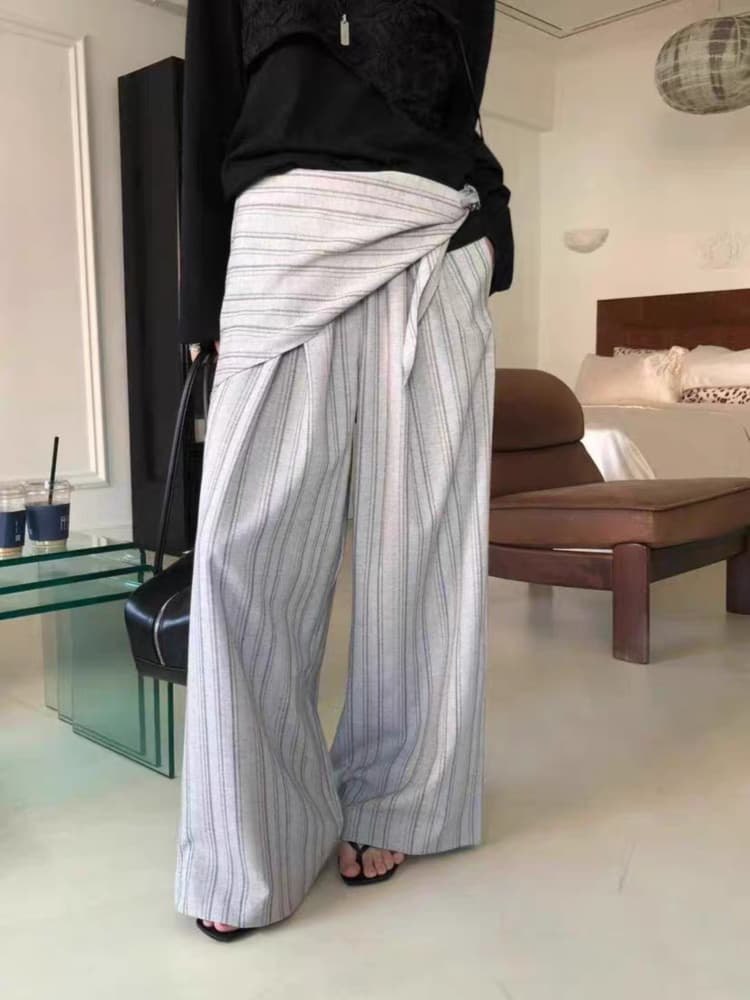 있음 밖으로 레이스업 삼각형 수건 랩스커트팬츠 스트라이프 와이드 레깅스 바지 한국 디자이너 봄 새로운 루즈핏 캐주얼 긴 바지