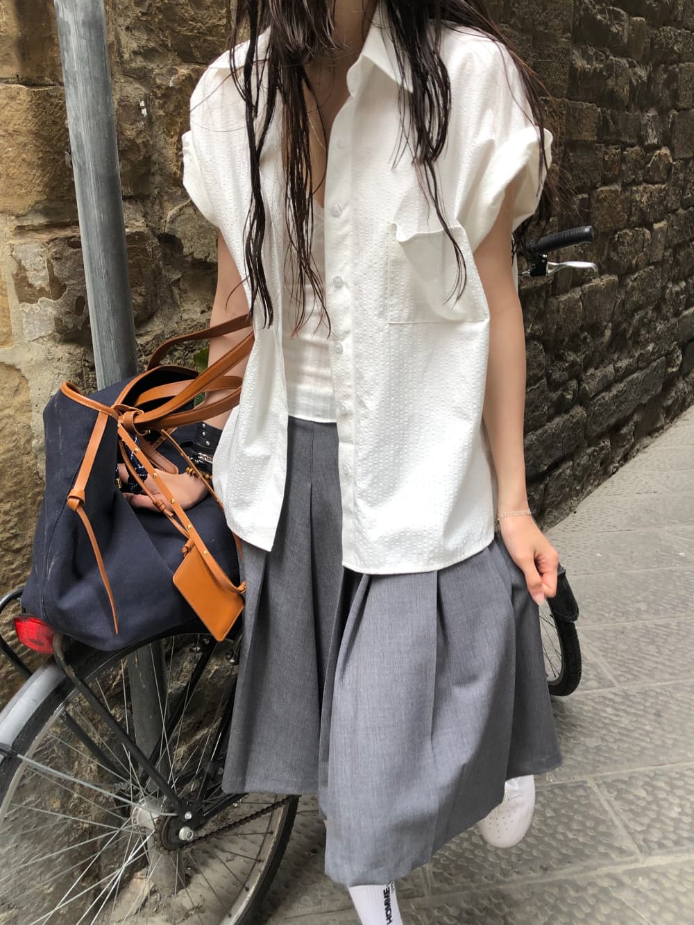 있음 밖으로 한국 스타일 캐주얼 스트라이프 반팔 셔츠 이슬 허리 플리츠 반신 스커트 세트 상세 이미지 7