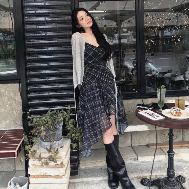 있음 선적 한국 스타일 다용도 체크무늬 불규칙 슬립 드레스 여성