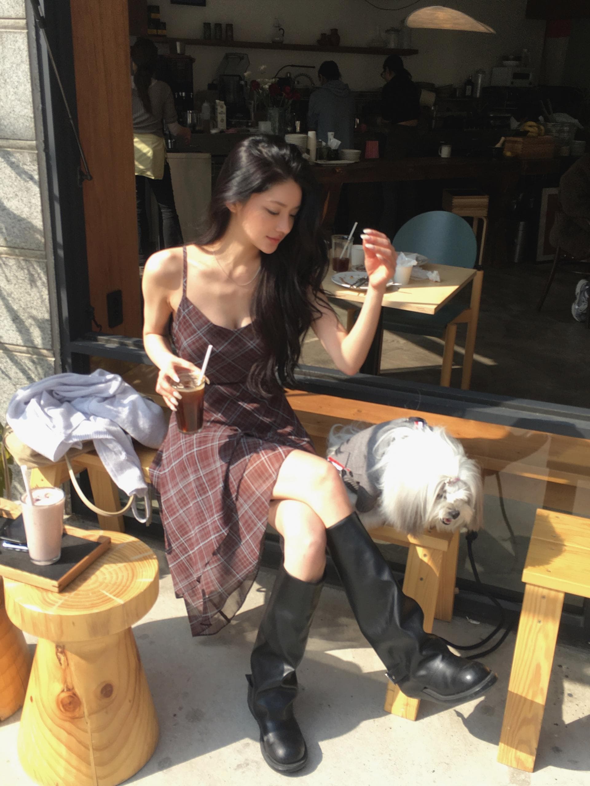있음 선적 한국 스타일 다용도 체크무늬 불규칙 슬립 드레스 여성 상세 이미지 4