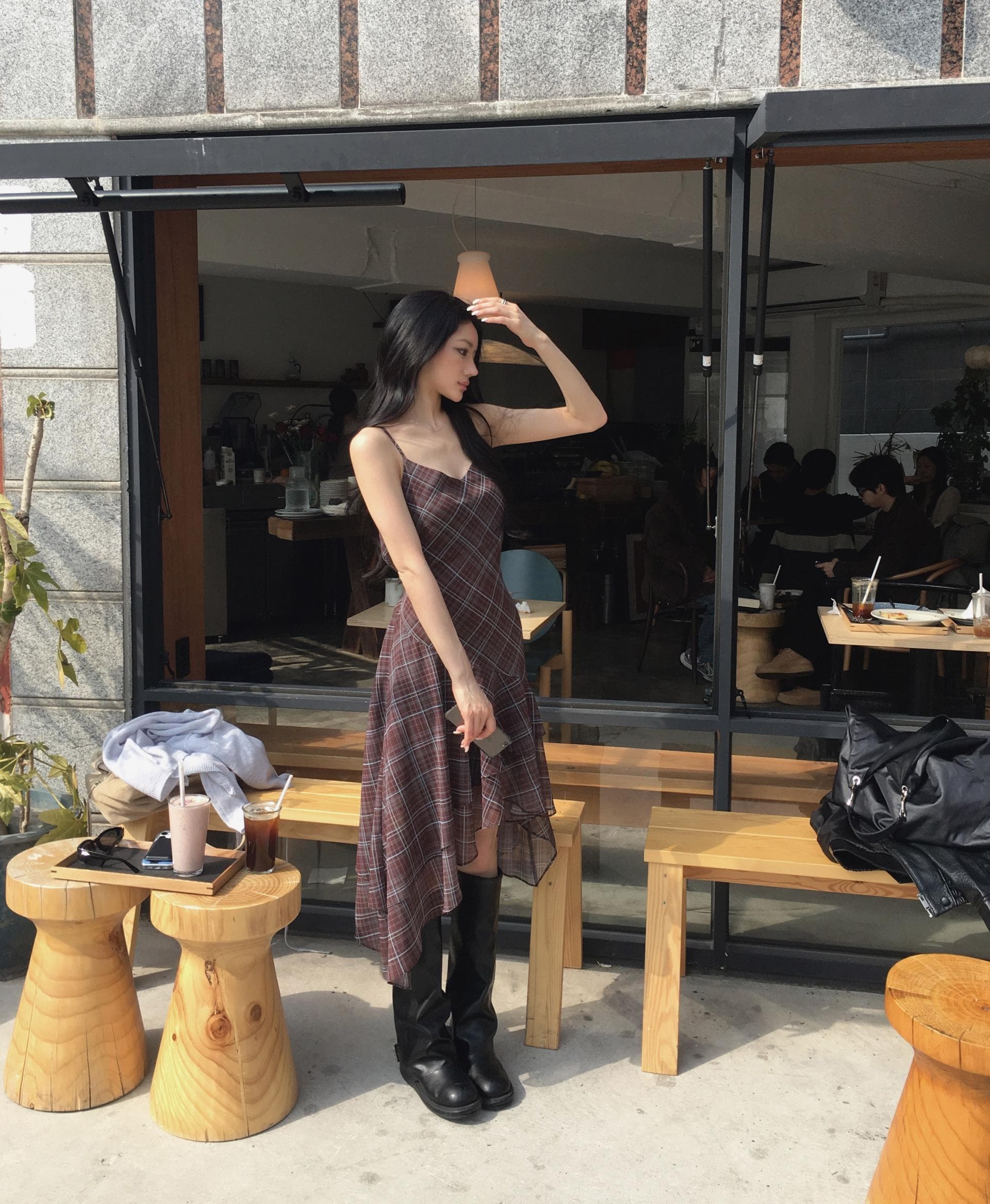 있음 선적 한국 스타일 다용도 체크무늬 불규칙 슬립 드레스 여성 상세 이미지 11
