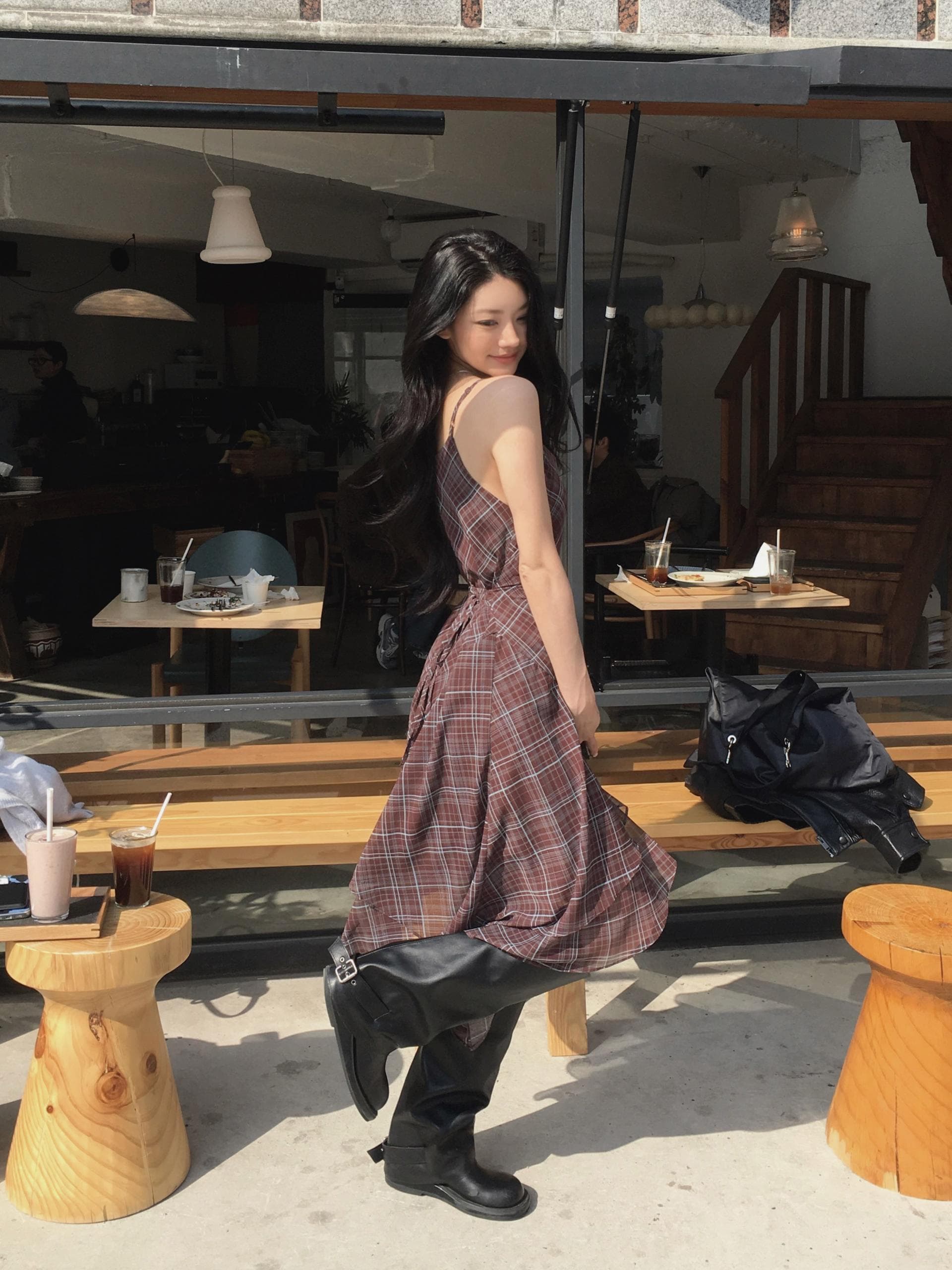있음 선적 한국 스타일 다용도 체크무늬 불규칙 슬립 드레스 여성 상세 이미지 15