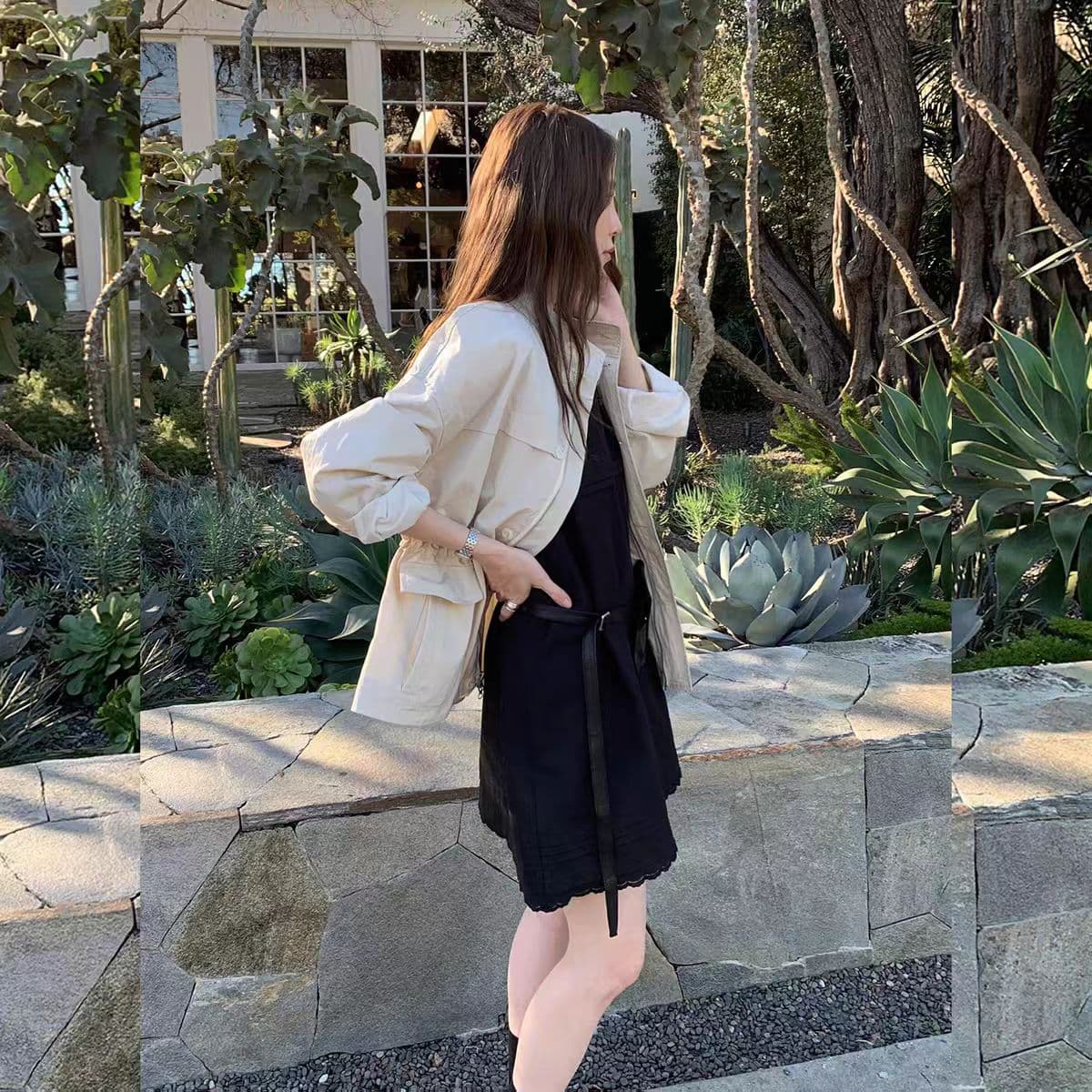 있음 밖으로 한국 스타일 미니멀리즘 단색 레이스 측면 민소매 조끼 스커트 드레스 상세 이미지 18