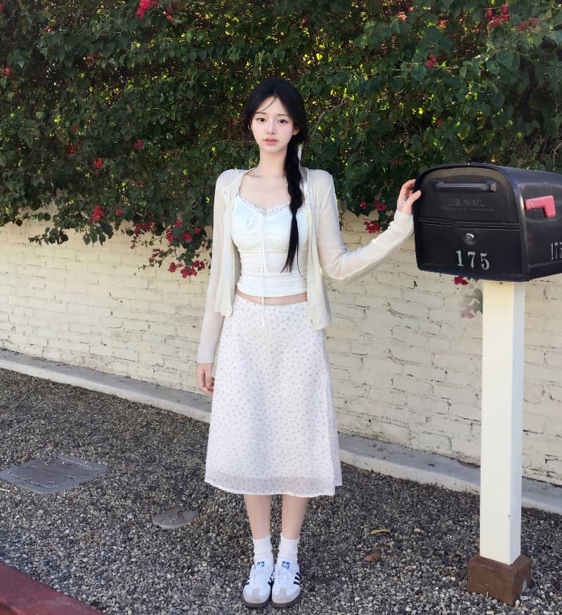 있음 밖으로 한국 스타일 소녀 꽃무늬 측면 지퍼 허리밴드 쉬폰 반신 스커트 여성 이미지 2
