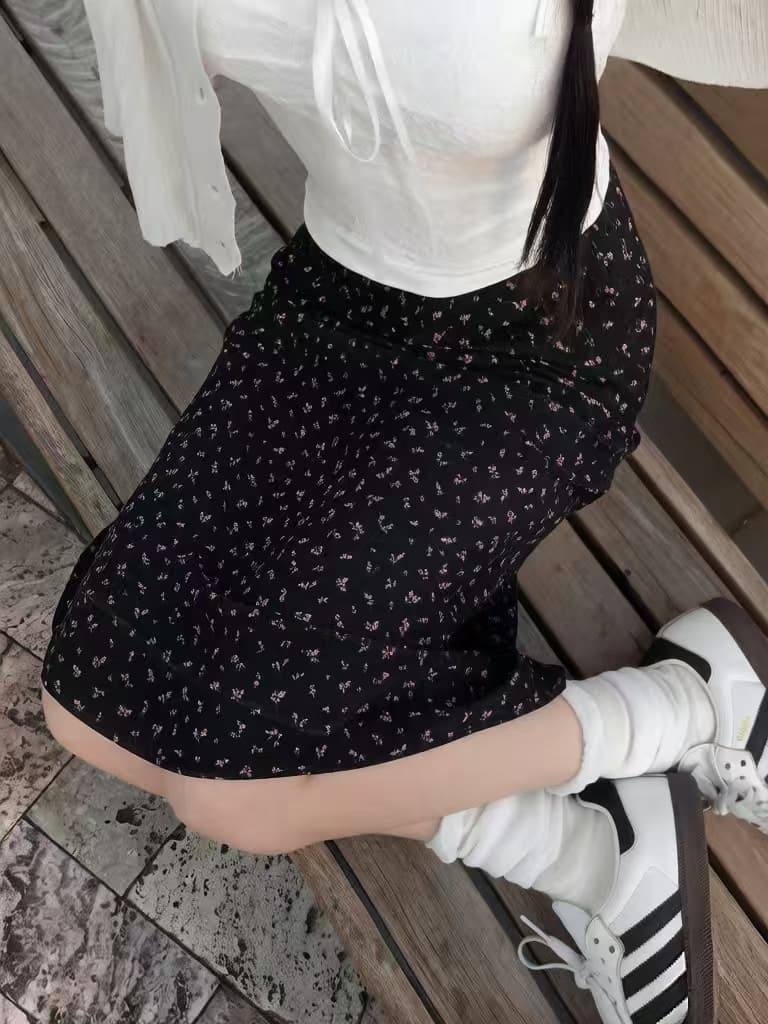 있음 밖으로 한국 스타일 소녀 꽃무늬 측면 지퍼 허리밴드 쉬폰 반신 스커트 여성 상세 이미지 2