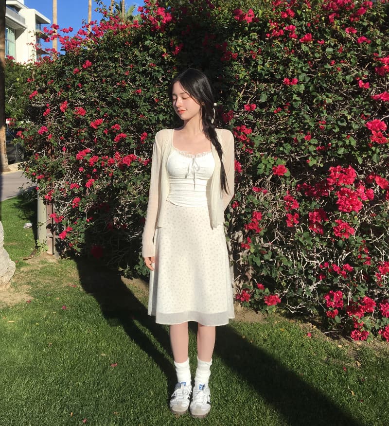 있음 밖으로 한국 스타일 소녀 꽃무늬 측면 지퍼 허리밴드 쉬폰 반신 스커트 여성 상세 이미지 17
