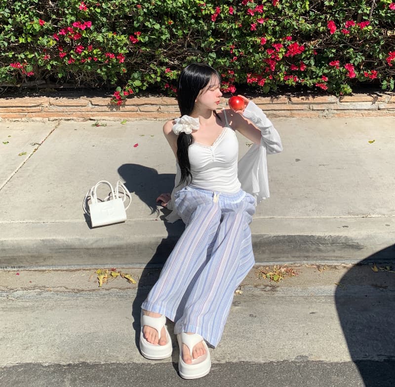 있음 밖으로 한국 스타일 느긋한 바람 소녀 스트라이프 허리밴드 캐주얼 통기성 얇은 스타일 바닥 청소 와이드 레그 팬츠 긴 바지 이미지 4