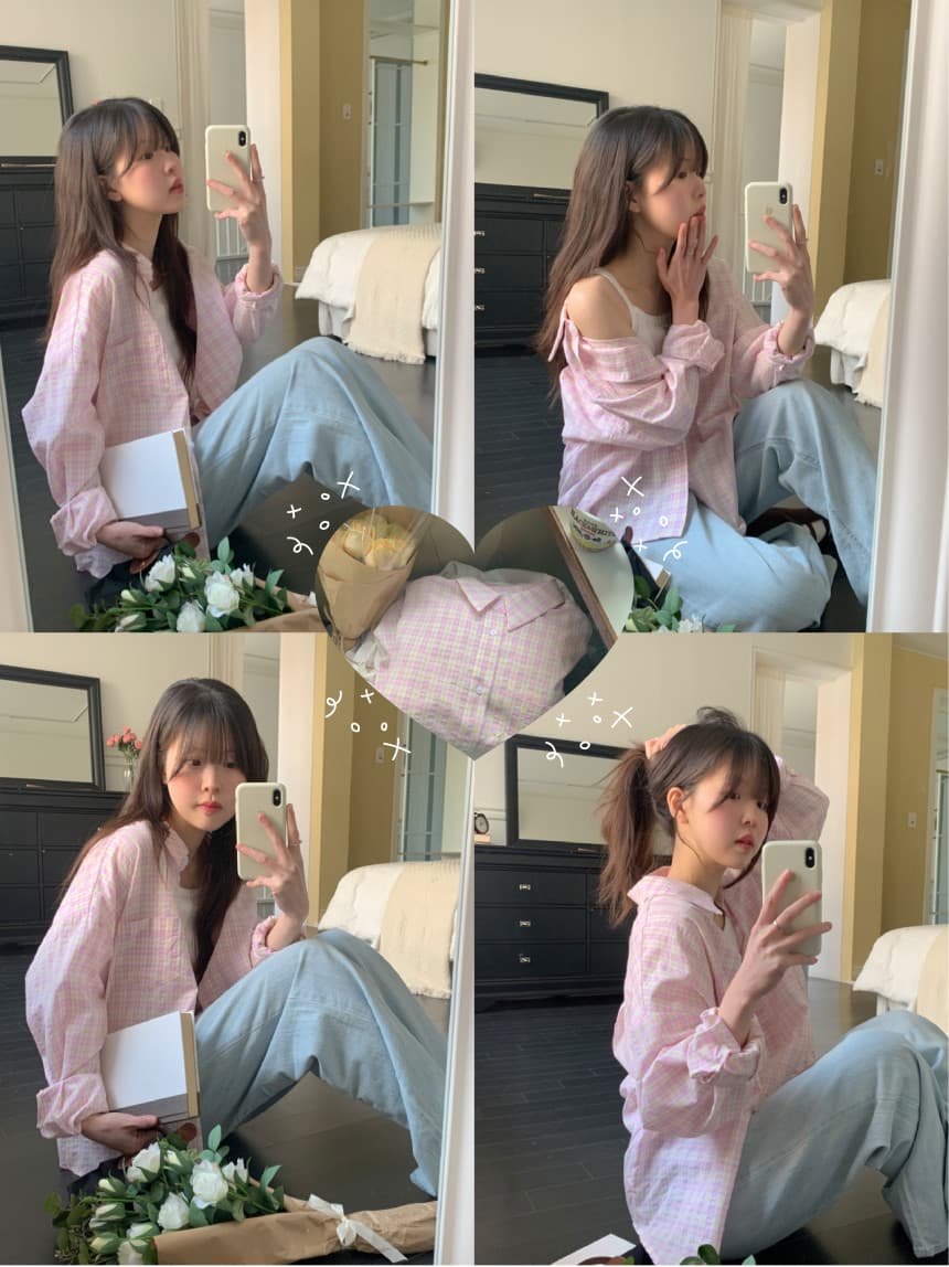 있음 선적 한 부서 작은 청신 배색 체크무늬 폴로 칼라 얇은 스타일 자외선 차단 셔츠 POLO 칼라 긴팔 셔츠 상세 이미지 3