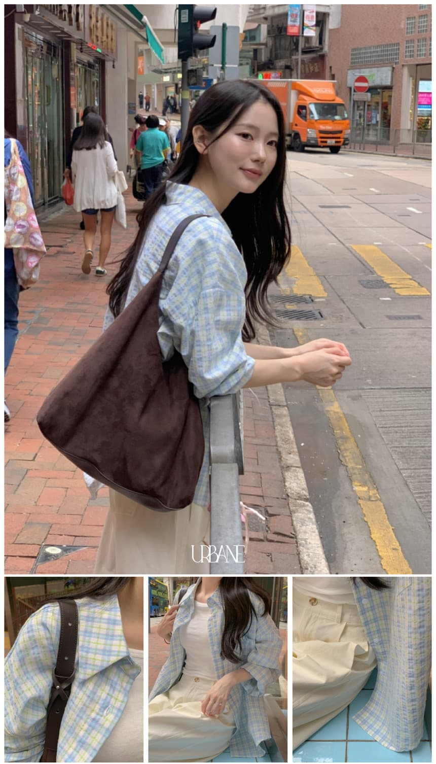 있음 선적 한 부서 작은 청신 배색 체크무늬 폴로 칼라 얇은 스타일 자외선 차단 셔츠 POLO 칼라 긴팔 셔츠 상세 이미지 4