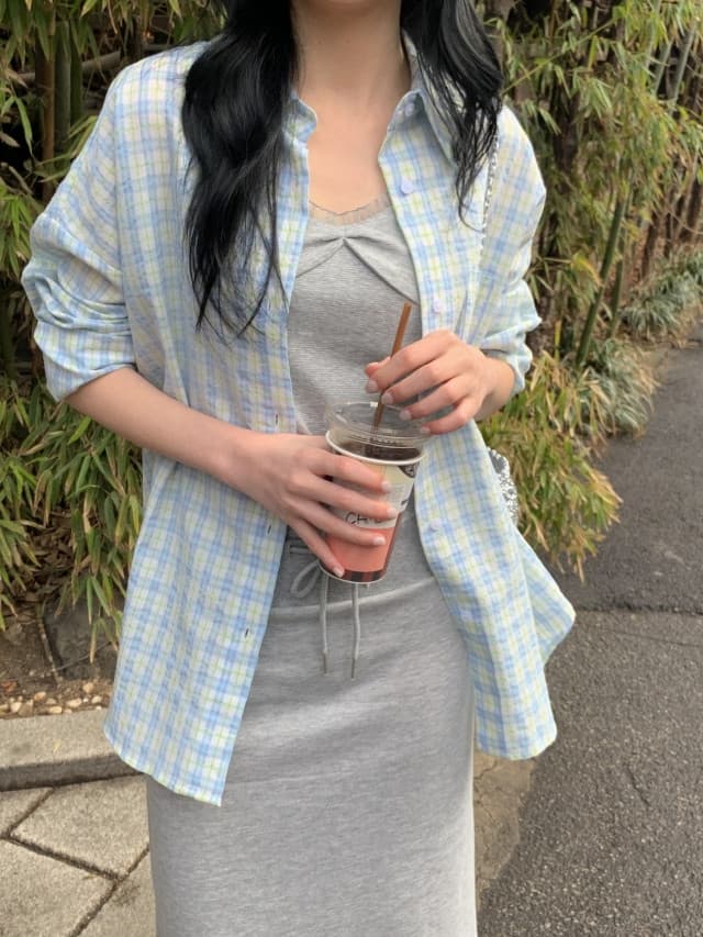 있음 선적 한 부서 작은 청신 배색 체크무늬 폴로 칼라 얇은 스타일 자외선 차단 셔츠 POLO 칼라 긴팔 셔츠 상세 이미지 11