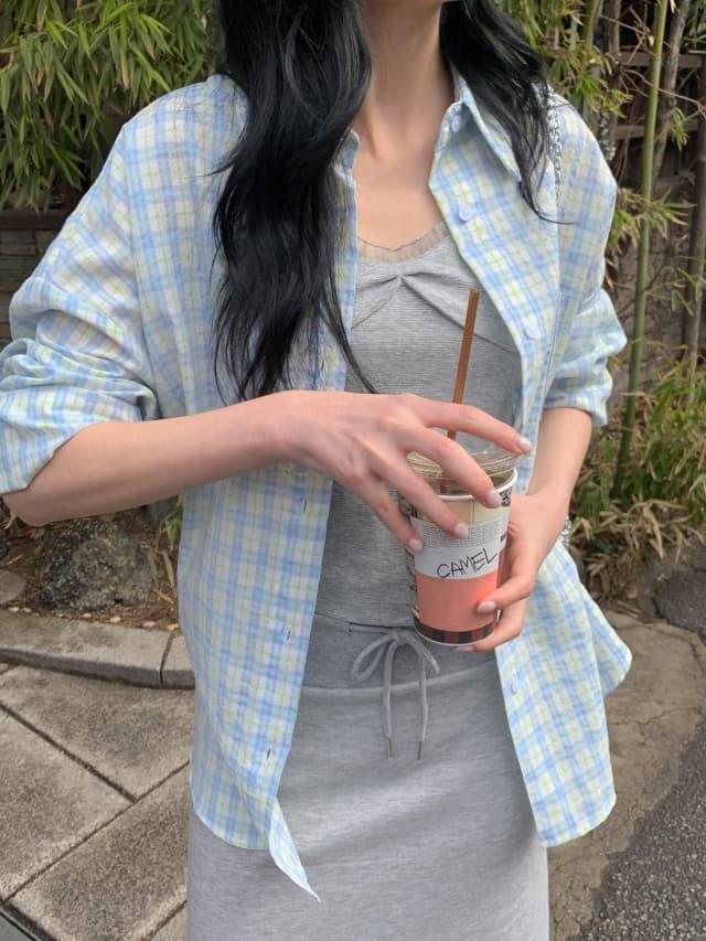 있음 선적 한 부서 작은 청신 배색 체크무늬 폴로 칼라 얇은 스타일 자외선 차단 셔츠 POLO 칼라 긴팔 셔츠 상세 이미지 13