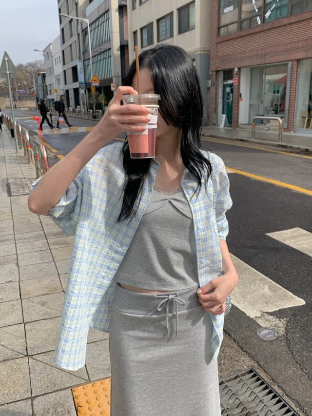 있음 선적 한 부서 작은 청신 배색 체크무늬 폴로 칼라 얇은 스타일 자외선 차단 셔츠 POLO 칼라 긴팔 셔츠 상세 이미지 29