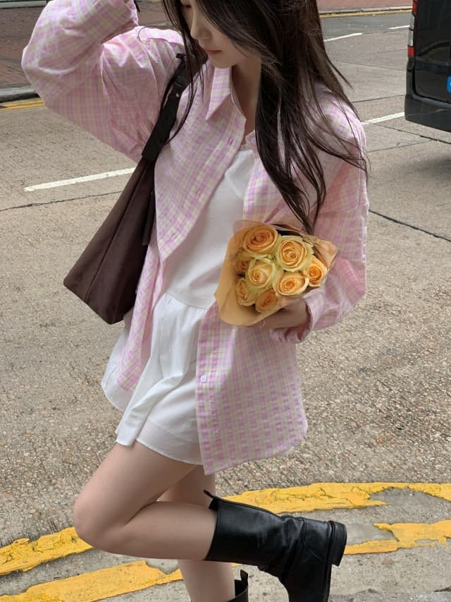 있음 선적 한 부서 작은 청신 배색 체크무늬 폴로 칼라 얇은 스타일 자외선 차단 셔츠 POLO 칼라 긴팔 셔츠 상세 이미지 41