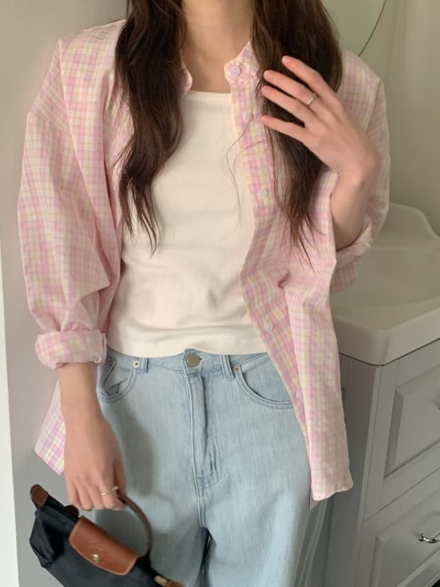 있음 선적 한 부서 작은 청신 배색 체크무늬 폴로 칼라 얇은 스타일 자외선 차단 셔츠 POLO 칼라 긴팔 셔츠 상세 이미지 47