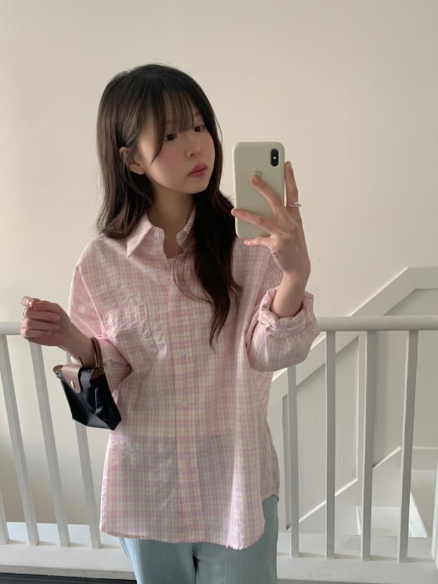 있음 선적 한 부서 작은 청신 배색 체크무늬 폴로 칼라 얇은 스타일 자외선 차단 셔츠 POLO 칼라 긴팔 셔츠 상세 이미지 76