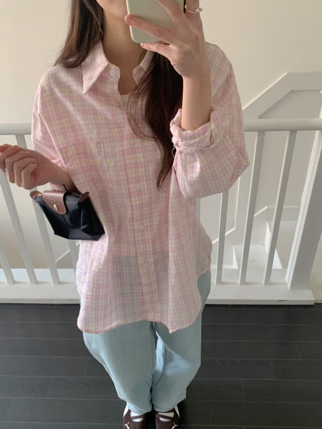 있음 선적 한 부서 작은 청신 배색 체크무늬 폴로 칼라 얇은 스타일 자외선 차단 셔츠 POLO 칼라 긴팔 셔츠 상세 이미지 77