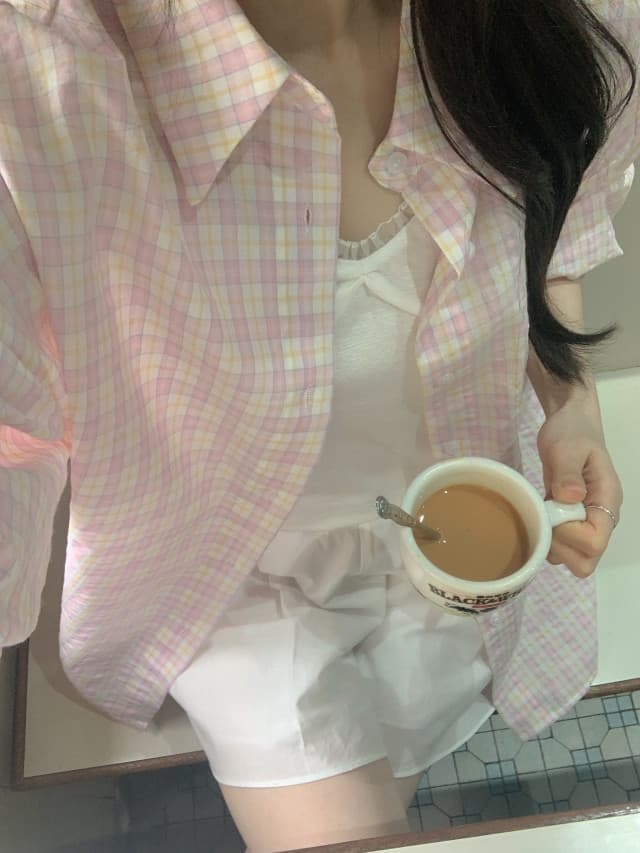 있음 선적 한 부서 작은 청신 배색 체크무늬 폴로 칼라 얇은 스타일 자외선 차단 셔츠 POLO 칼라 긴팔 셔츠 상세 이미지 94