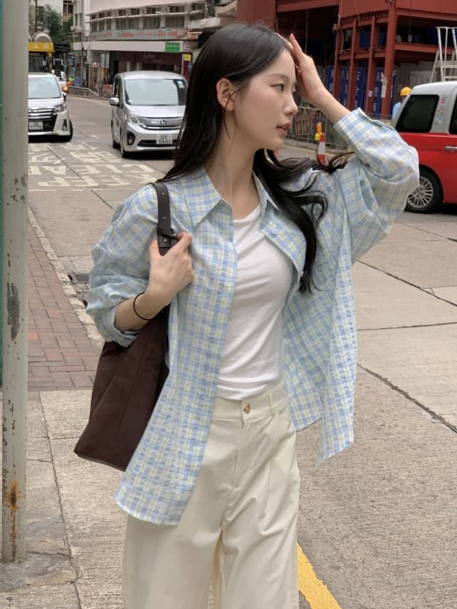있음 선적 한 부서 작은 청신 배색 체크무늬 폴로 칼라 얇은 스타일 자외선 차단 셔츠 POLO 칼라 긴팔 셔츠 상세 이미지 118