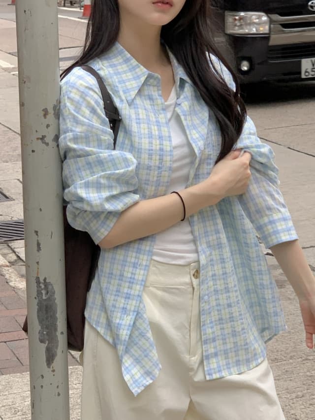 있음 선적 한 부서 작은 청신 배색 체크무늬 폴로 칼라 얇은 스타일 자외선 차단 셔츠 POLO 칼라 긴팔 셔츠 상세 이미지 123
