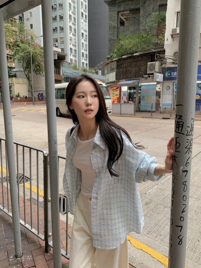 있음 선적 한 부서 작은 청신 배색 체크무늬 폴로 칼라 얇은 스타일 자외선 차단 셔츠 POLO 칼라 긴팔 셔츠 상세 이미지 132