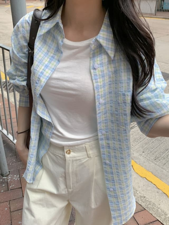 있음 선적 한 부서 작은 청신 배색 체크무늬 폴로 칼라 얇은 스타일 자외선 차단 셔츠 POLO 칼라 긴팔 셔츠 상세 이미지 137