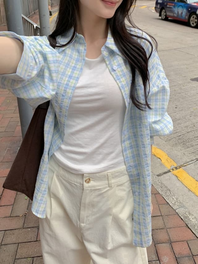 있음 선적 한 부서 작은 청신 배색 체크무늬 폴로 칼라 얇은 스타일 자외선 차단 셔츠 POLO 칼라 긴팔 셔츠 상세 이미지 139