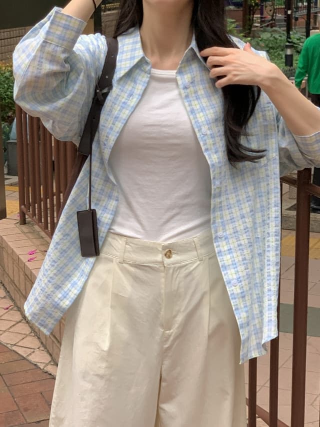 있음 선적 한 부서 작은 청신 배색 체크무늬 폴로 칼라 얇은 스타일 자외선 차단 셔츠 POLO 칼라 긴팔 셔츠 상세 이미지 142