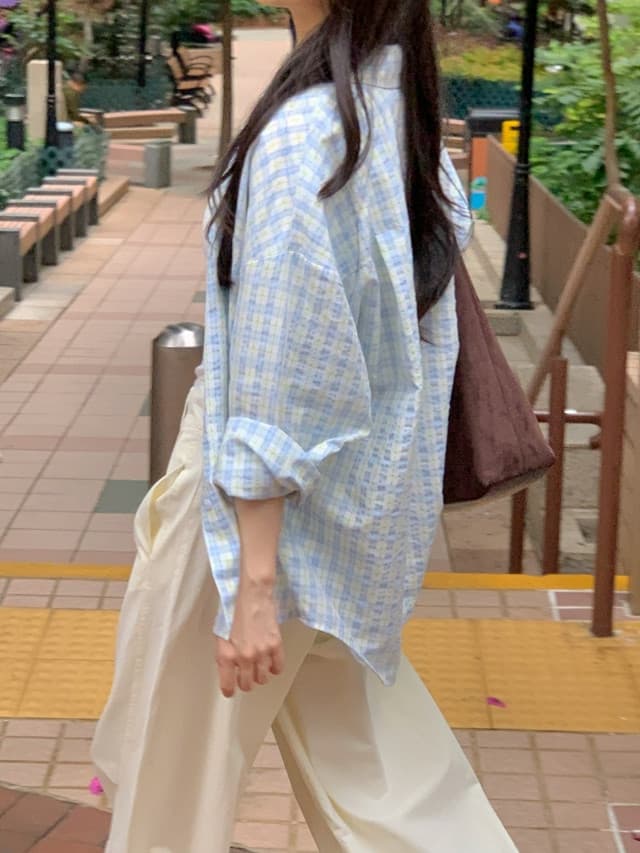 있음 선적 한 부서 작은 청신 배색 체크무늬 폴로 칼라 얇은 스타일 자외선 차단 셔츠 POLO 칼라 긴팔 셔츠 상세 이미지 147