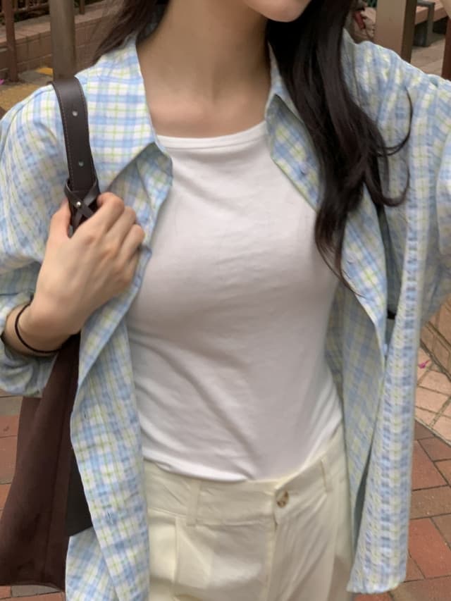 있음 선적 한 부서 작은 청신 배색 체크무늬 폴로 칼라 얇은 스타일 자외선 차단 셔츠 POLO 칼라 긴팔 셔츠 상세 이미지 150