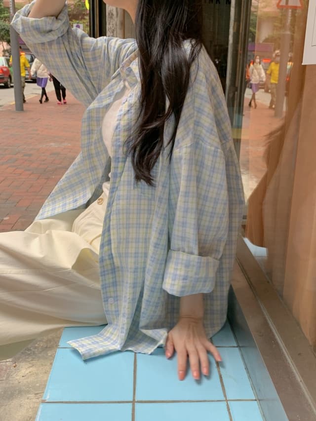 있음 선적 한 부서 작은 청신 배색 체크무늬 폴로 칼라 얇은 스타일 자외선 차단 셔츠 POLO 칼라 긴팔 셔츠 상세 이미지 160