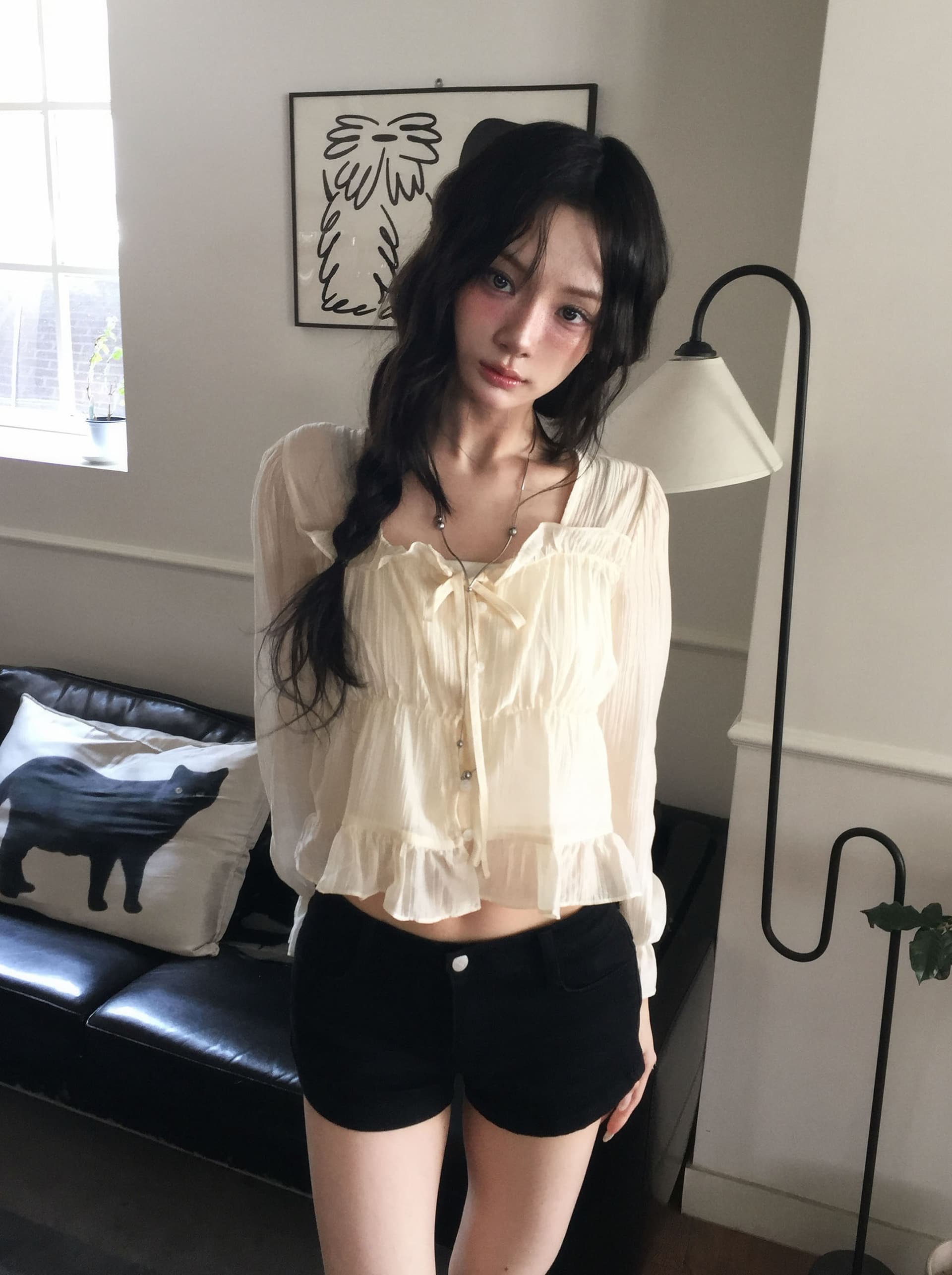 있음 선적 학원 스타일 달콤함 연령 감소 목이버섯 주름 쇼트 스타일 셔츠 이미지 3