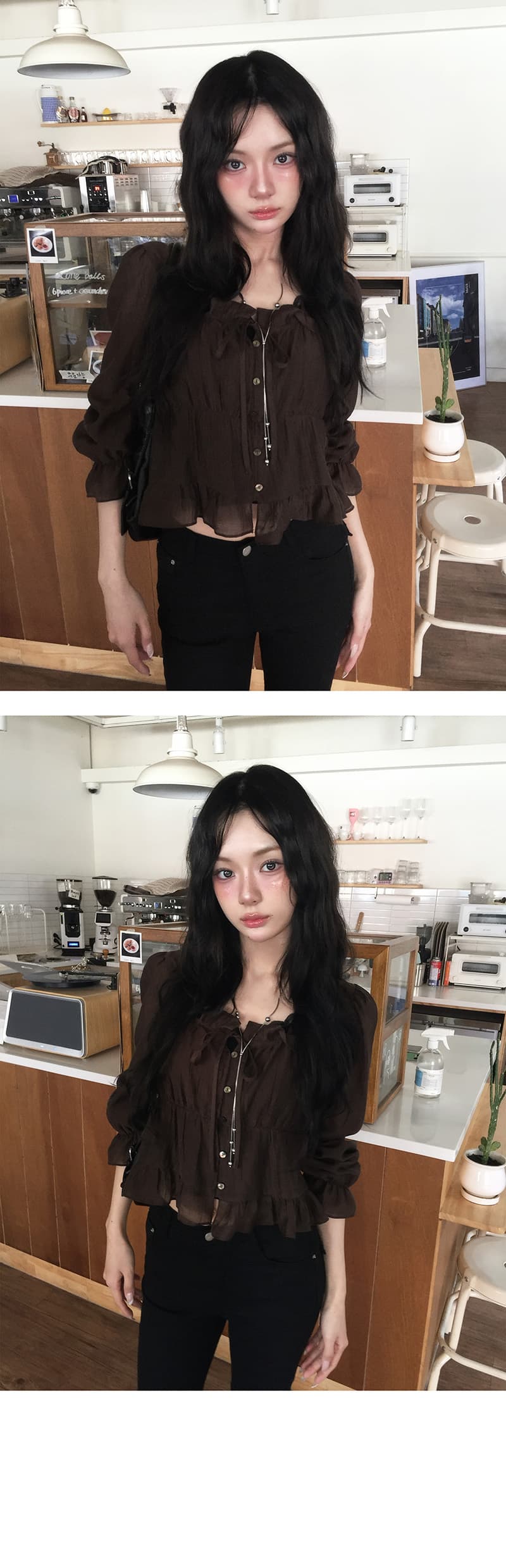 있음 선적 학원 스타일 달콤함 연령 감소 목이버섯 주름 쇼트 스타일 셔츠 상세 이미지 3