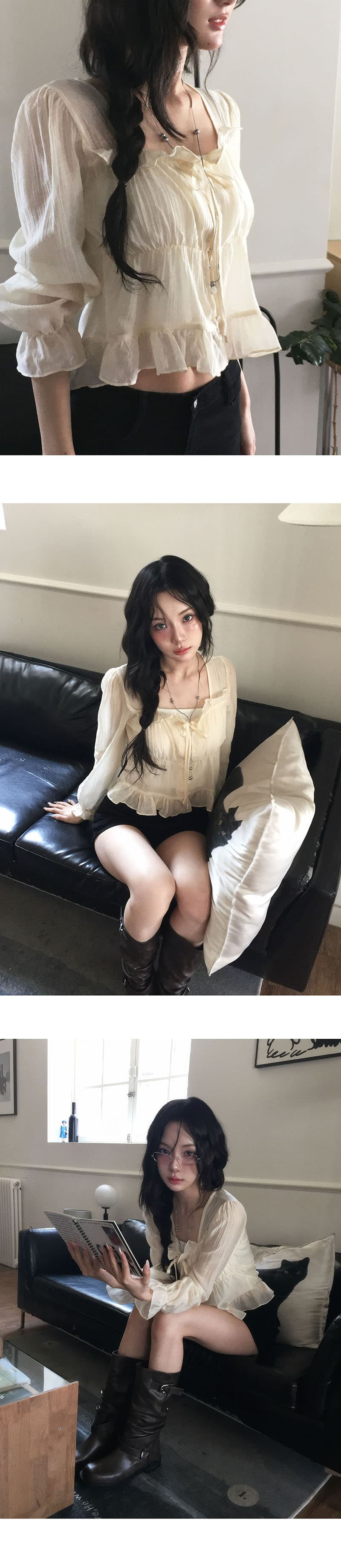 있음 선적 학원 스타일 달콤함 연령 감소 목이버섯 주름 쇼트 스타일 셔츠 상세 이미지 5