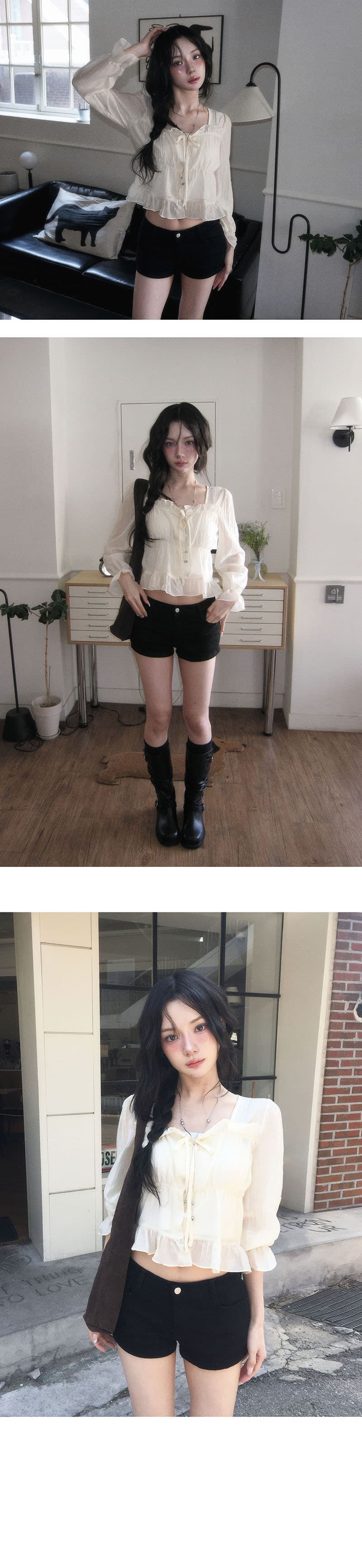 있음 선적 학원 스타일 달콤함 연령 감소 목이버섯 주름 쇼트 스타일 셔츠 상세 이미지 7