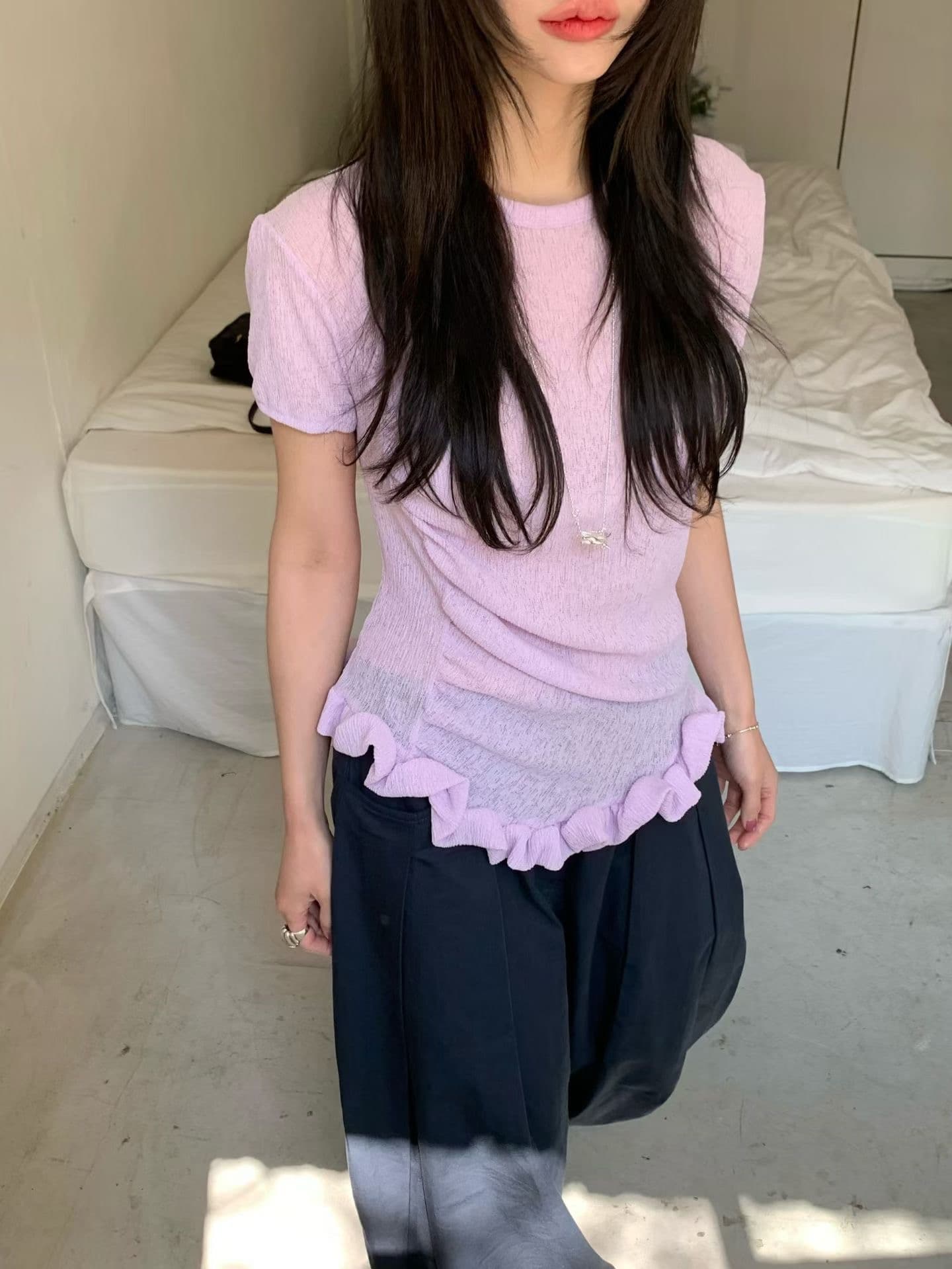 있음 밖으로 한 부서 작은 대중 디자인 센스 레이스 주름 불규칙 반팔 티셔츠 여성 상세 이미지 30
