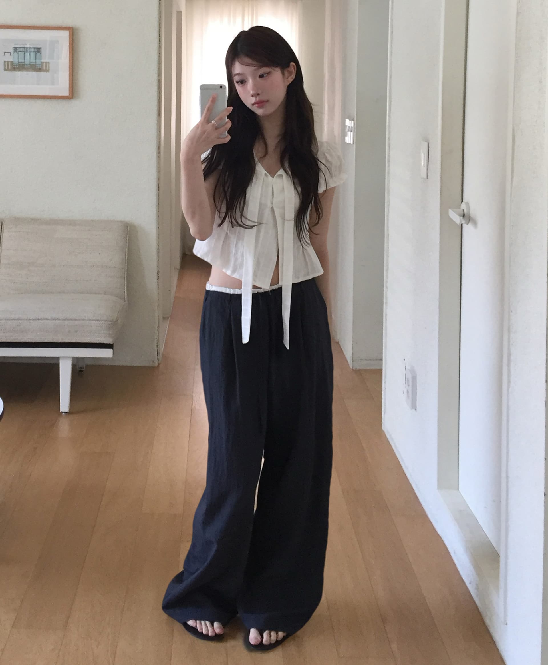 있음 선적 한국 스타일 다용도 허리 패치워크 허리밴드 캐주얼 얇은 스타일 편안함 와이드 레그 팬츠 긴 바지 여성