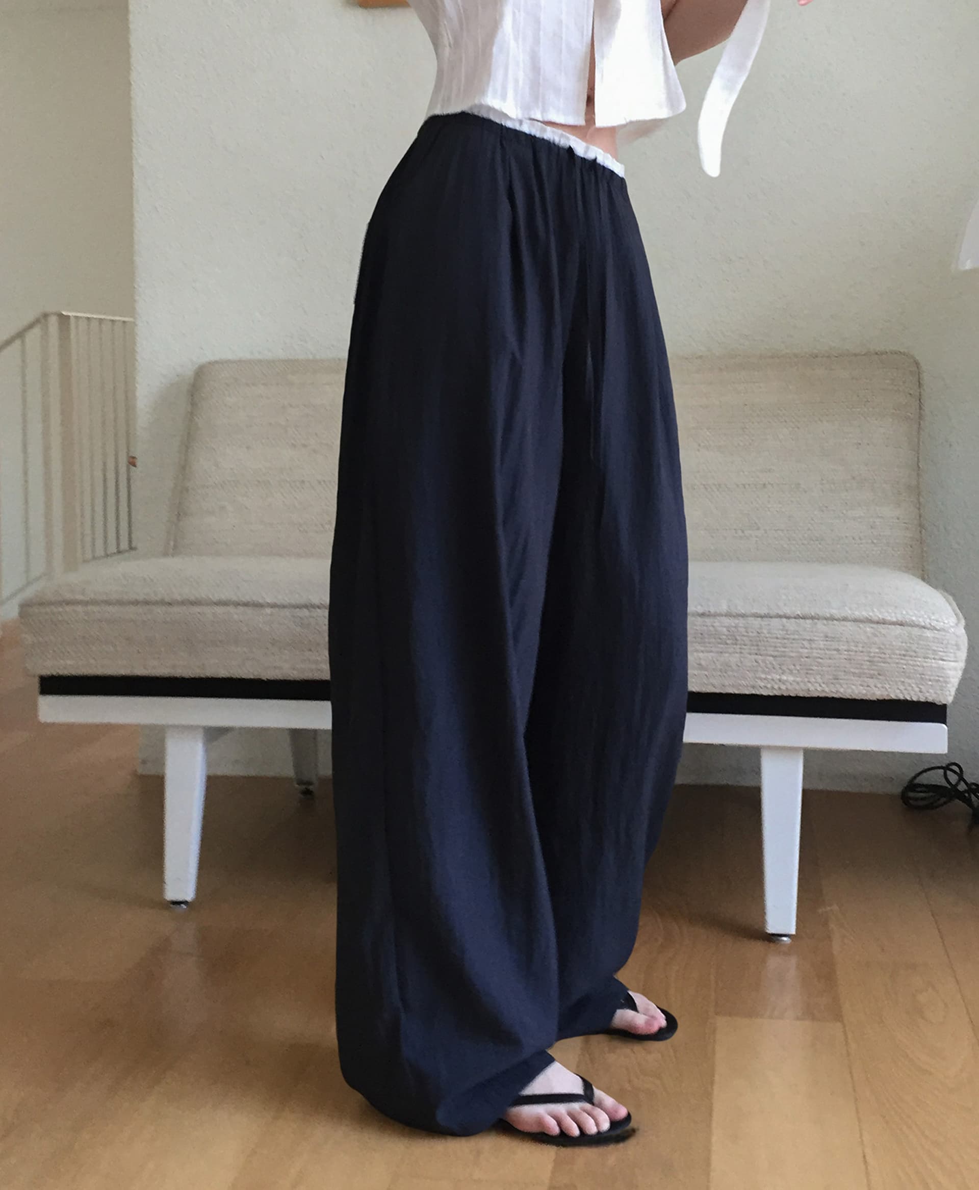 있음 선적 한국 스타일 다용도 허리 패치워크 허리밴드 캐주얼 얇은 스타일 편안함 와이드 레그 팬츠 긴 바지 여성 이미지 2