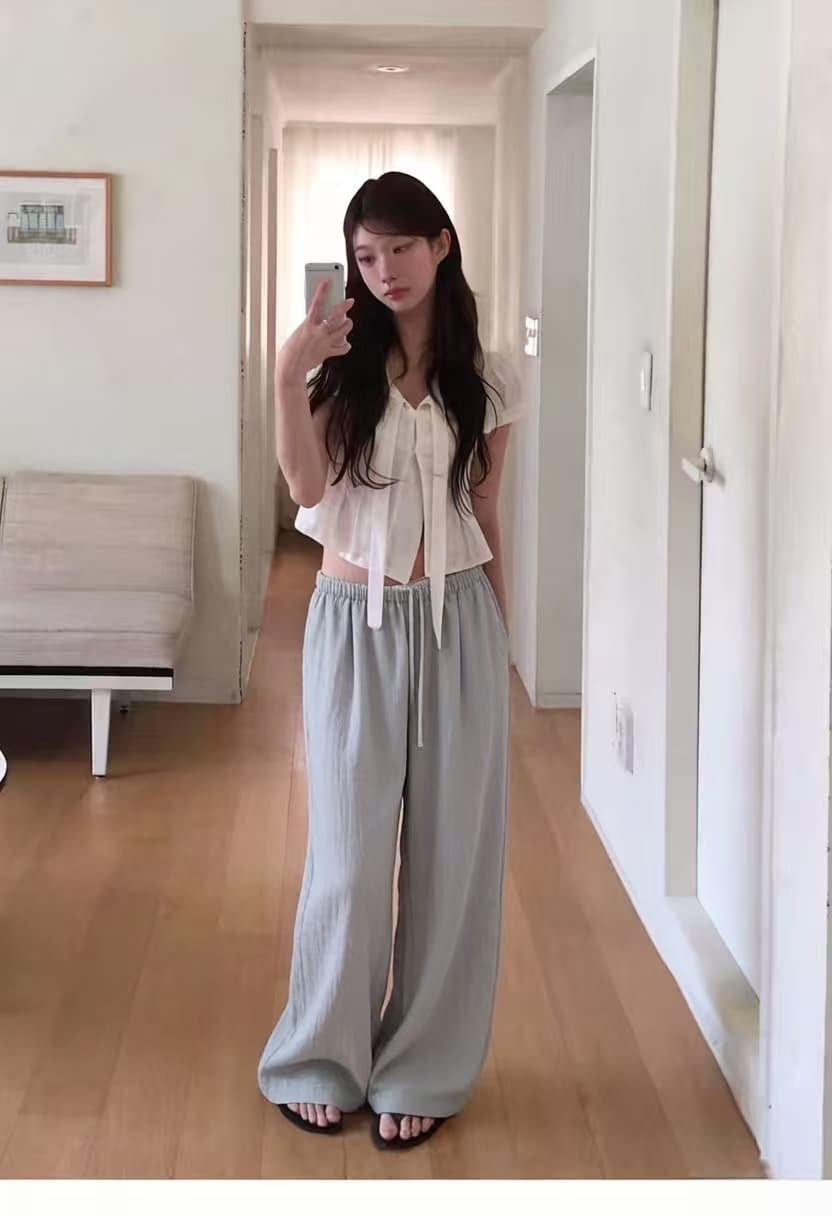 있음 선적 한국 스타일 다용도 허리 패치워크 허리밴드 캐주얼 얇은 스타일 편안함 와이드 레그 팬츠 긴 바지 여성 이미지 3