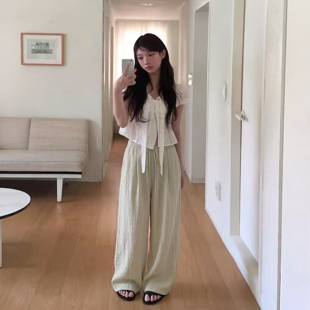 있음 선적 한국 스타일 다용도 허리 패치워크 허리밴드 캐주얼 얇은 스타일 편안함 와이드 레그 팬츠 긴 바지 여성 이미지 4