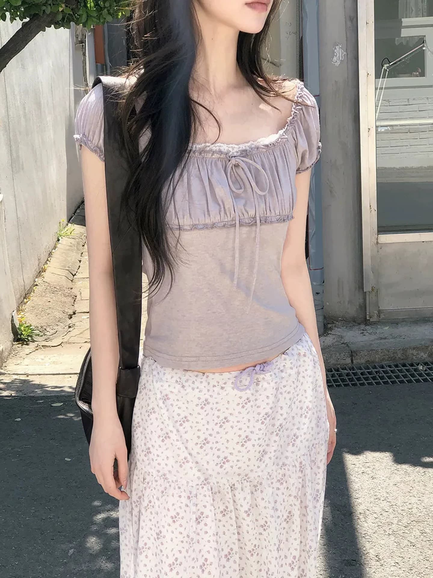있음 선적 프랑스식 소녀 부드러운 바람 슬림해 보이는 품격 주름 레이스 레이스 몸매 가꾸기 티셔츠 이미지 2