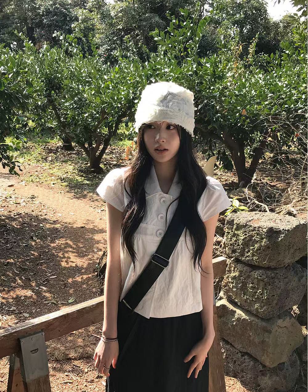 있음 밖으로 원본 한 부서 다용도 레트로 반팔 셔츠 여성 여름 인형 셔츠 맨위 상세 이미지 12