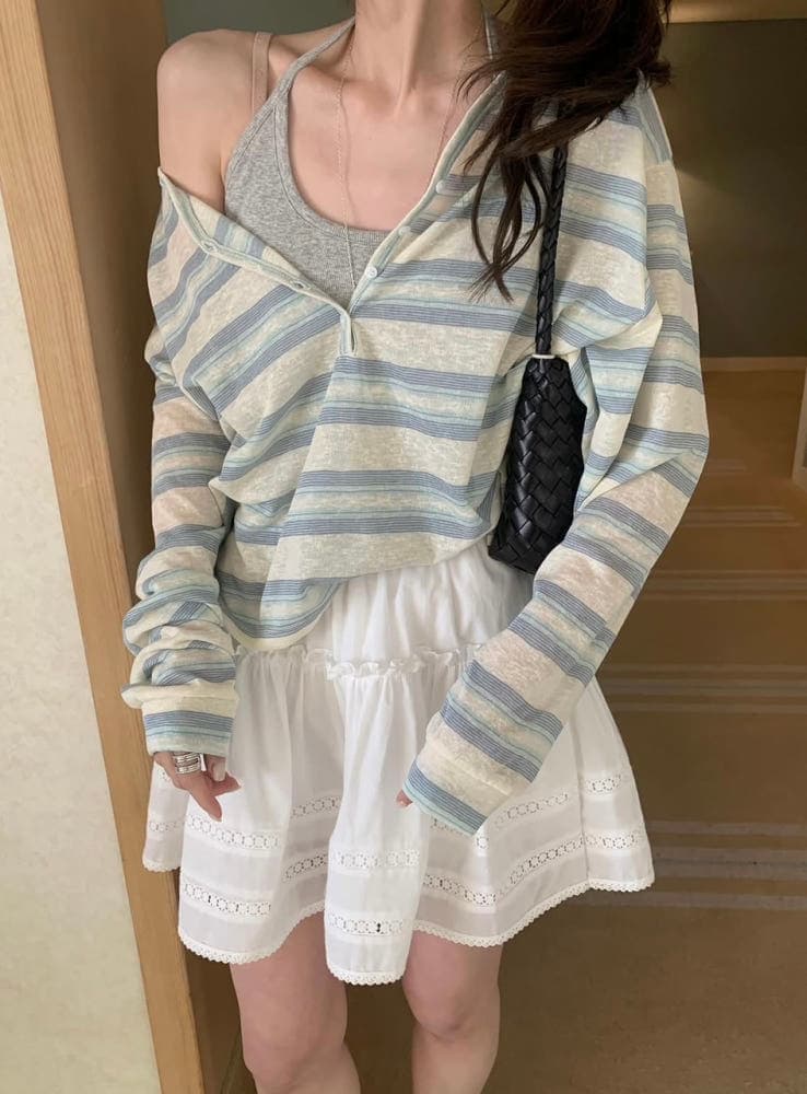 있음 밖으로 한 부서 다용도 연령 감소 스트라이프 캐주얼 루즈핏 느긋한 바람 얇은 스타일 자외선 차단 블라우스 티셔츠 여성