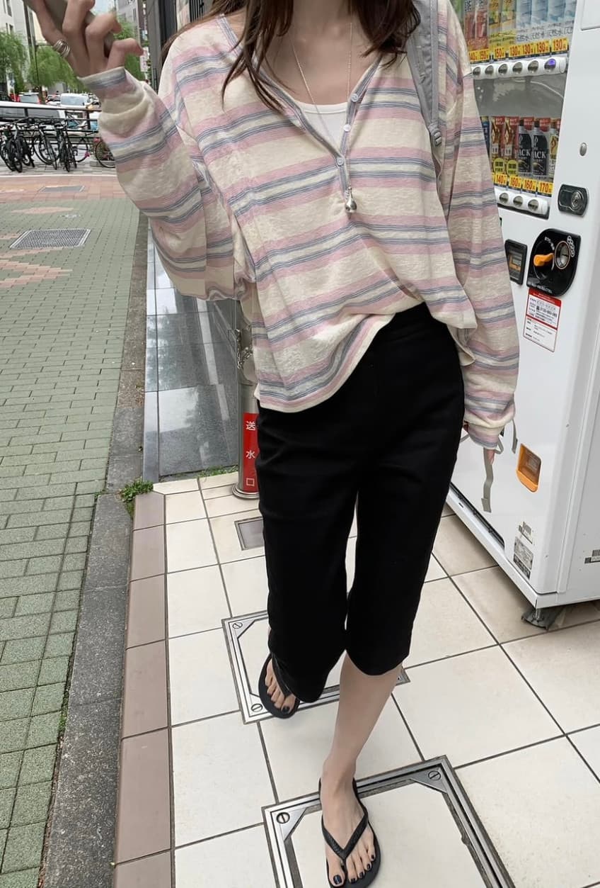 있음 밖으로 한 부서 다용도 연령 감소 스트라이프 캐주얼 루즈핏 느긋한 바람 얇은 스타일 자외선 차단 블라우스 티셔츠 여성 상세 이미지 18