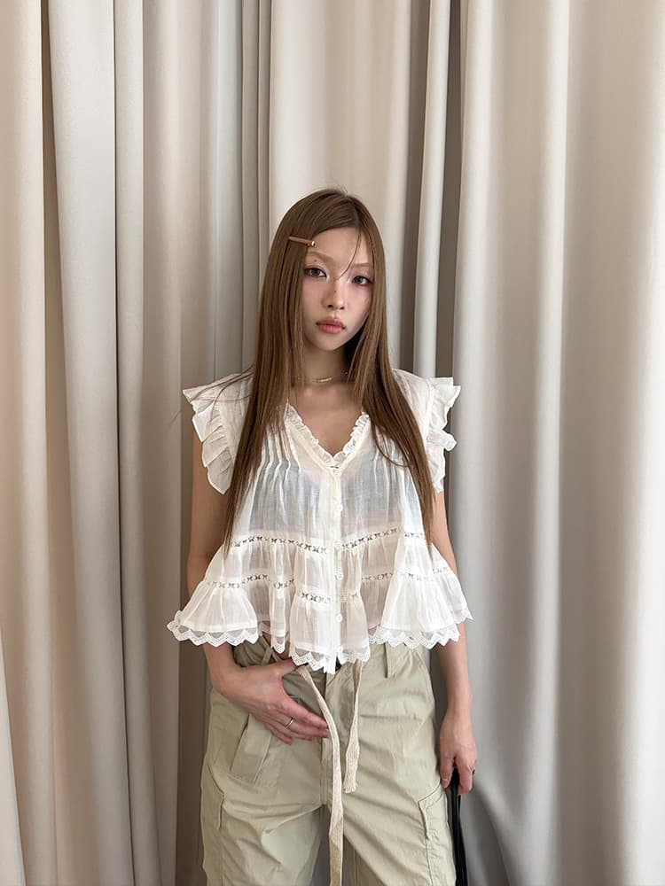 있음 선적 프랑스식 프릴 레이스 레이스 셔츠 여름 신제품 슬림해 보이는 작은 셔츠 여성