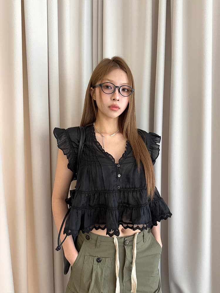 있음 선적 프랑스식 프릴 레이스 레이스 셔츠 여름 신제품 슬림해 보이는 작은 셔츠 여성 상세 이미지 2