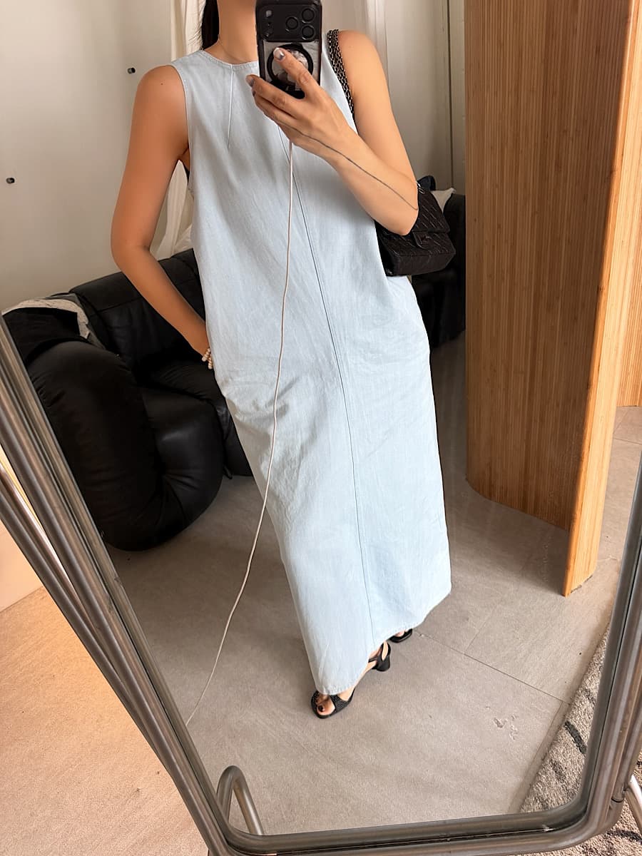 한국 스타일 외국 가스 다용도 미니멀리즘 느슨함 센스 민소매 라운드 넥 루즈핏 데님 드레스 상세 이미지 1