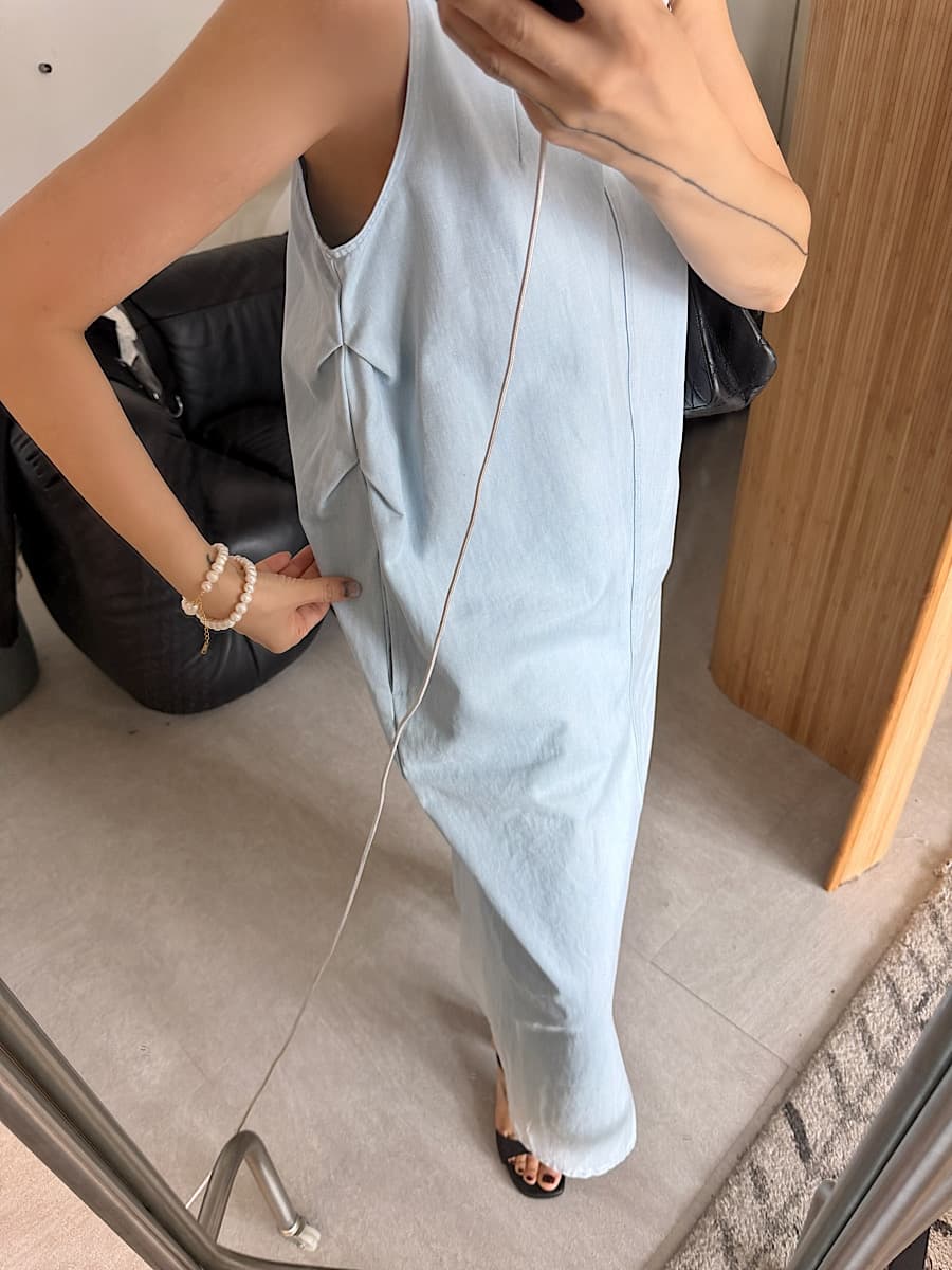 한국 스타일 외국 가스 다용도 미니멀리즘 느슨함 센스 민소매 라운드 넥 루즈핏 데님 드레스 상세 이미지 10