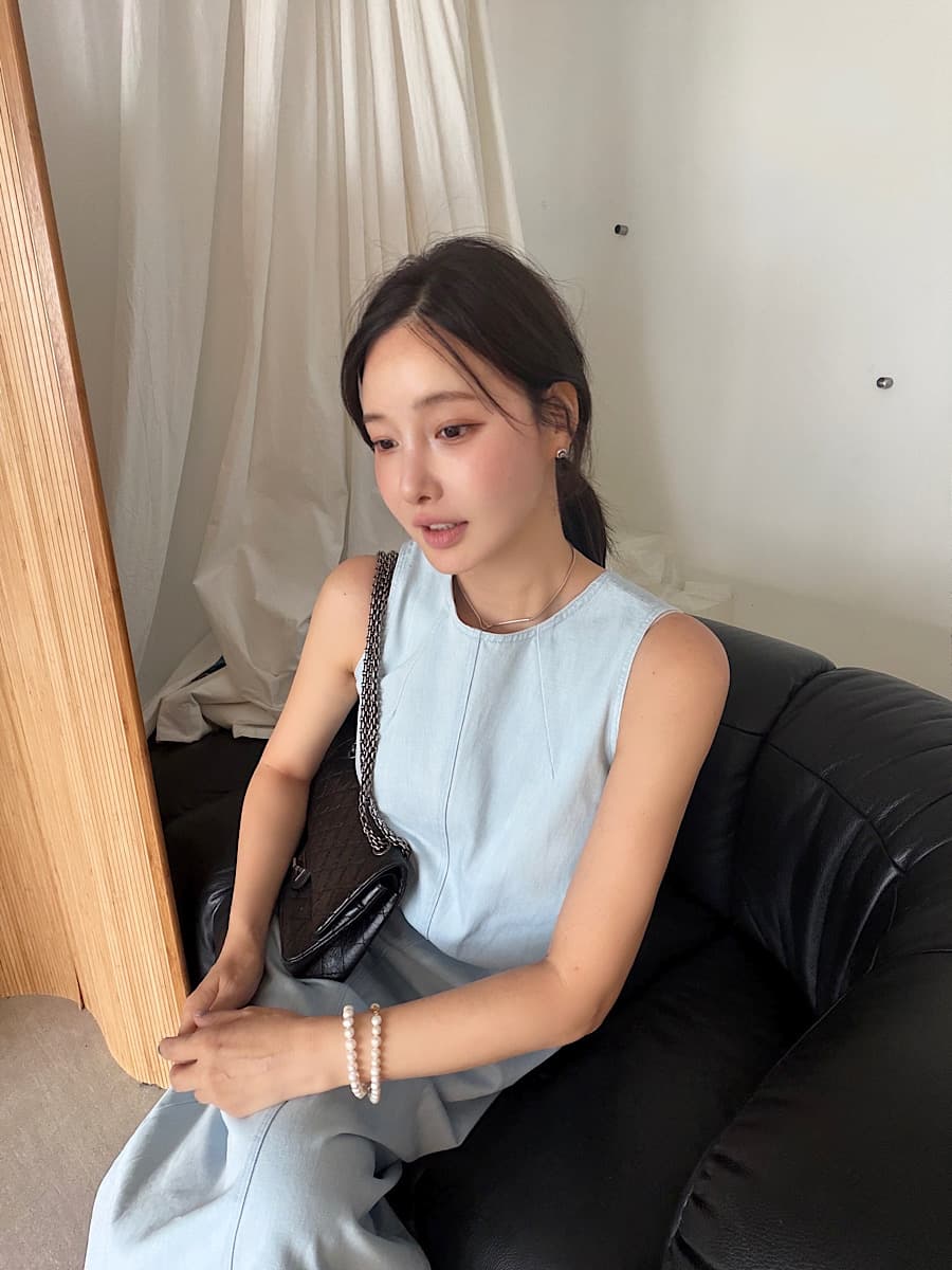한국 스타일 외국 가스 다용도 미니멀리즘 느슨함 센스 민소매 라운드 넥 루즈핏 데님 드레스 상세 이미지 13